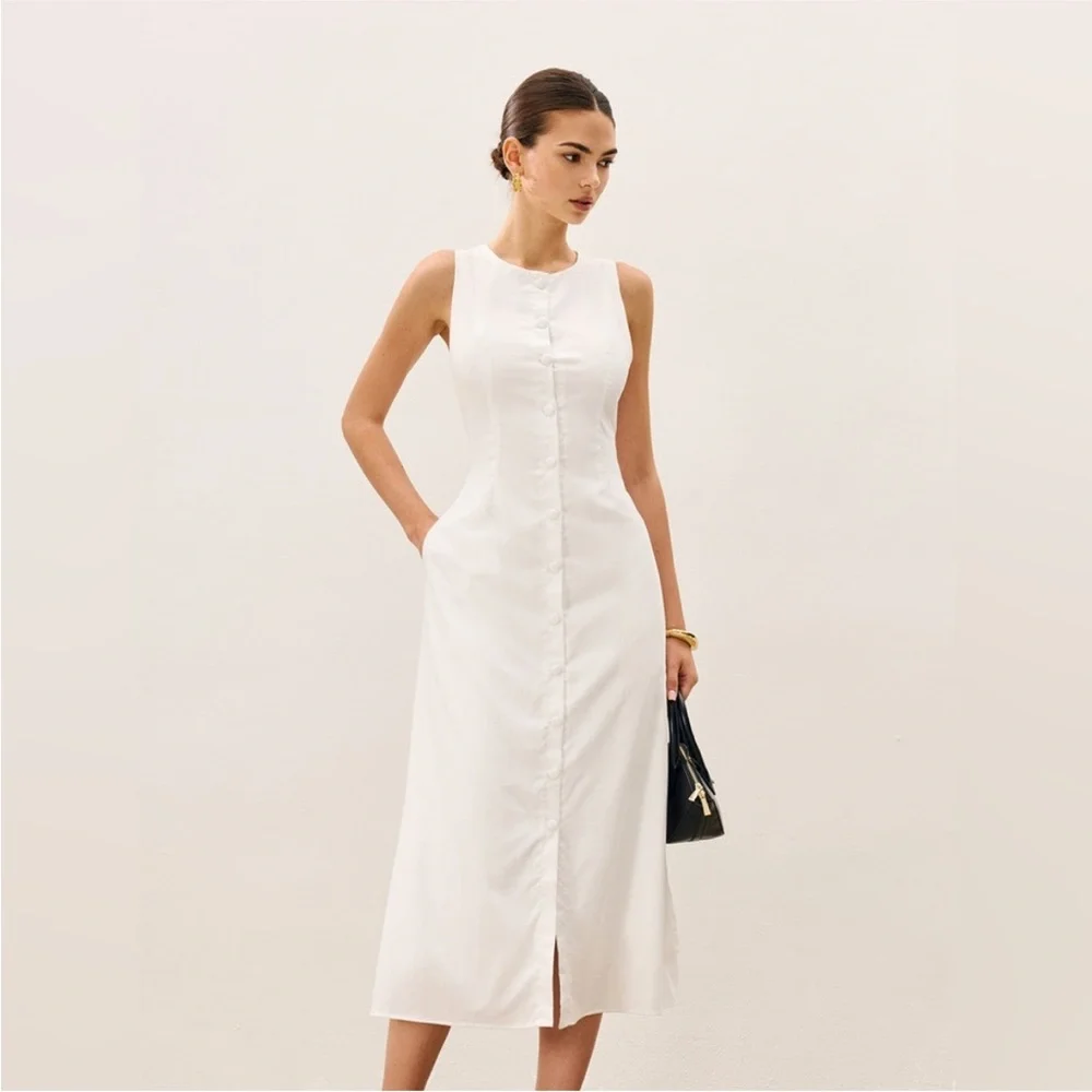 Commense Cotton & Linen Button-Front Sleeveless Dress With Tie NWT Size L - Picture 2 of 9